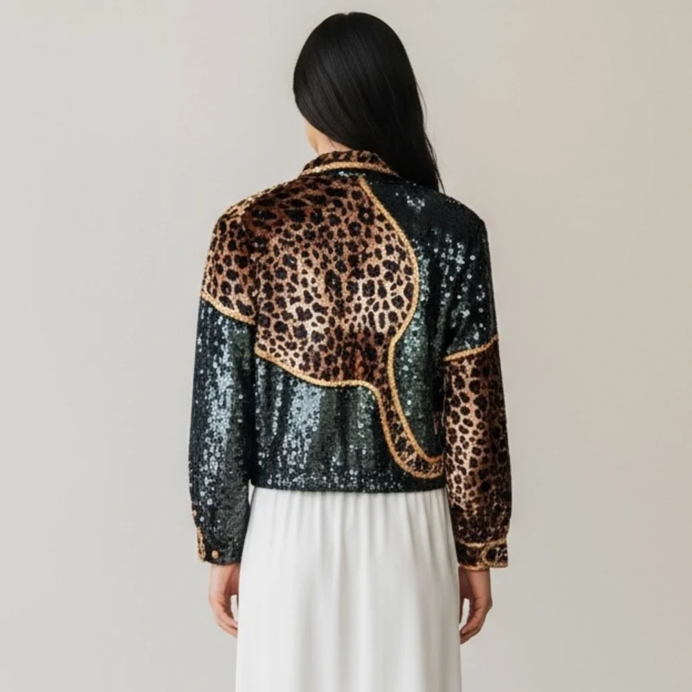 🌻Vintage MODI Exotic Leopard Jeweled Beaded Silk Jacket Circa 1980s Size Medium - Picture 8 of 12